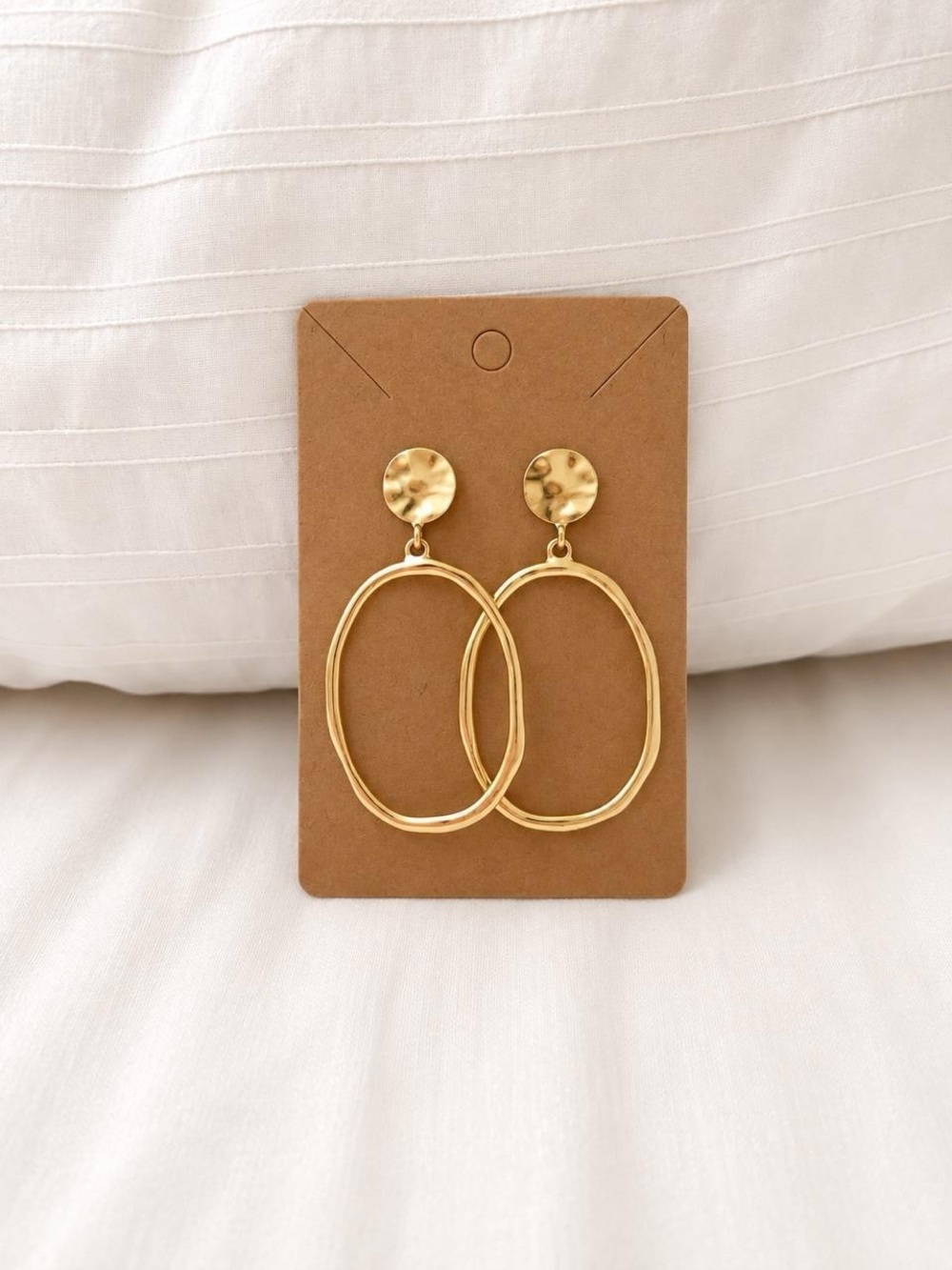 Gold Hammered Disc & Oval Drop Earrings - Women Jewelry